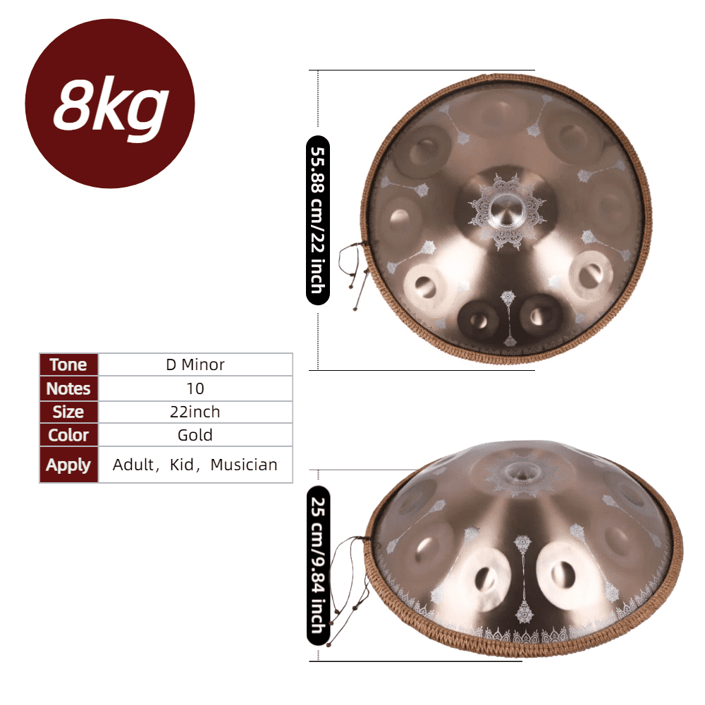 Handpan Drum Sets Classic Gold with Pattern 22inch Handmade 10notes Handpan for Professional Performance