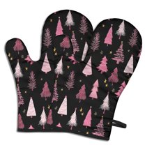 Cute Oven Mitts,Black and Pink Christmas Tree Pattern Oven Mitt 2-Pack Set,Kitchen Gloves for Oven,Heat Resistant Oven Mitts 7.7"x12"