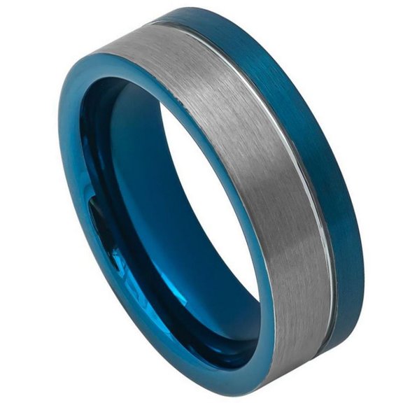 Custom Personalized Engraving Wedding Band Ring Set for Him & Her - 8mm Off-Center Grooved Blue IP Plated Brushed Pipe Cut Ring