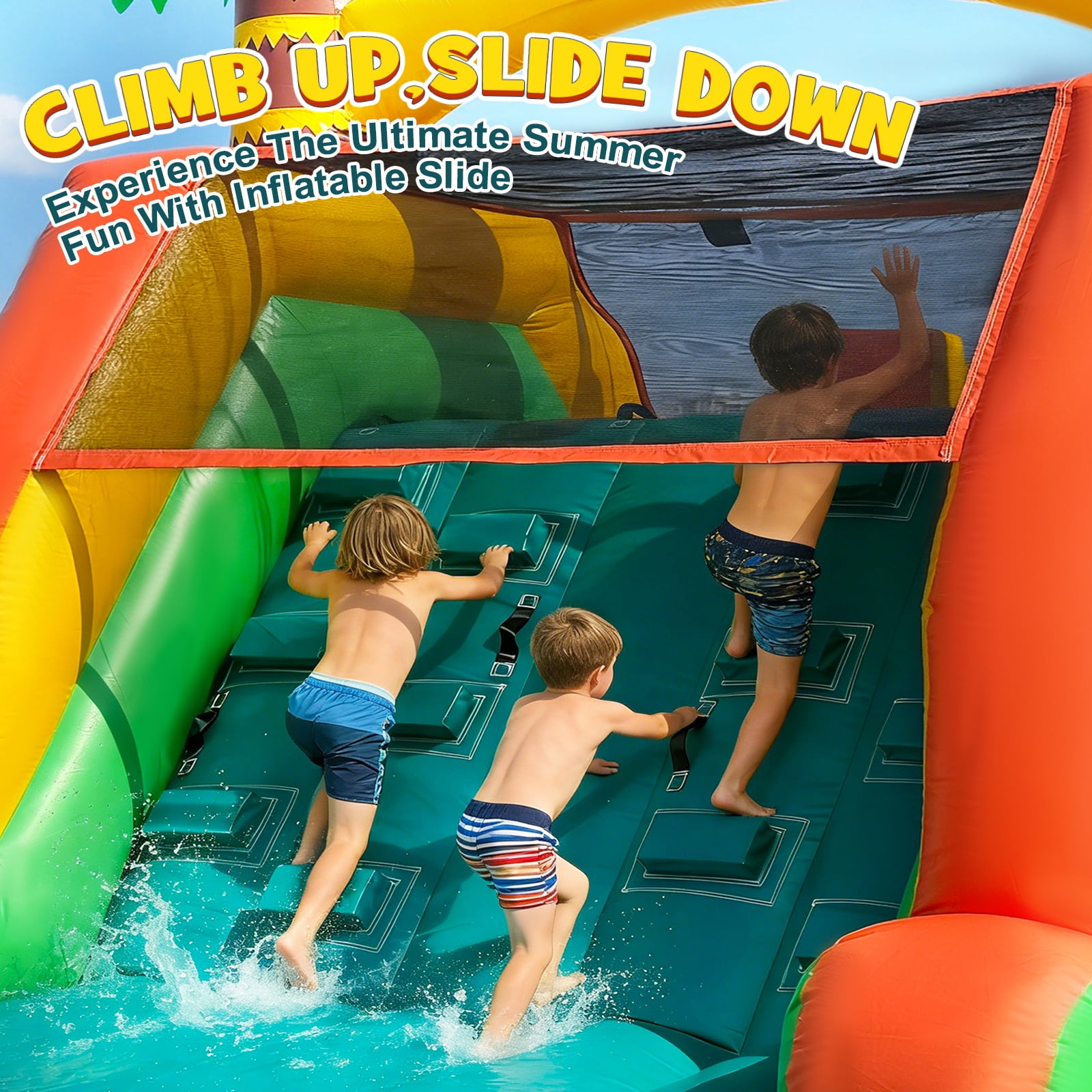 STICCIO 23ft Inflatable Water Slide with Blower, Double Lane Climbing Wall Water Cannon Deep Splash Pool, for Kids & Adults, Palm Tree Green
