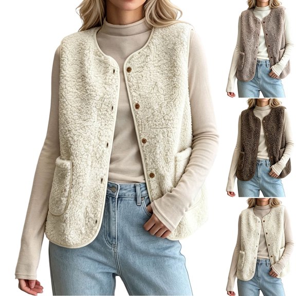 Sleeveless Jacket Dqueduo Women's Solid Color Round Neck Button Front Sleeveless Casual Coat Top Beige XL
