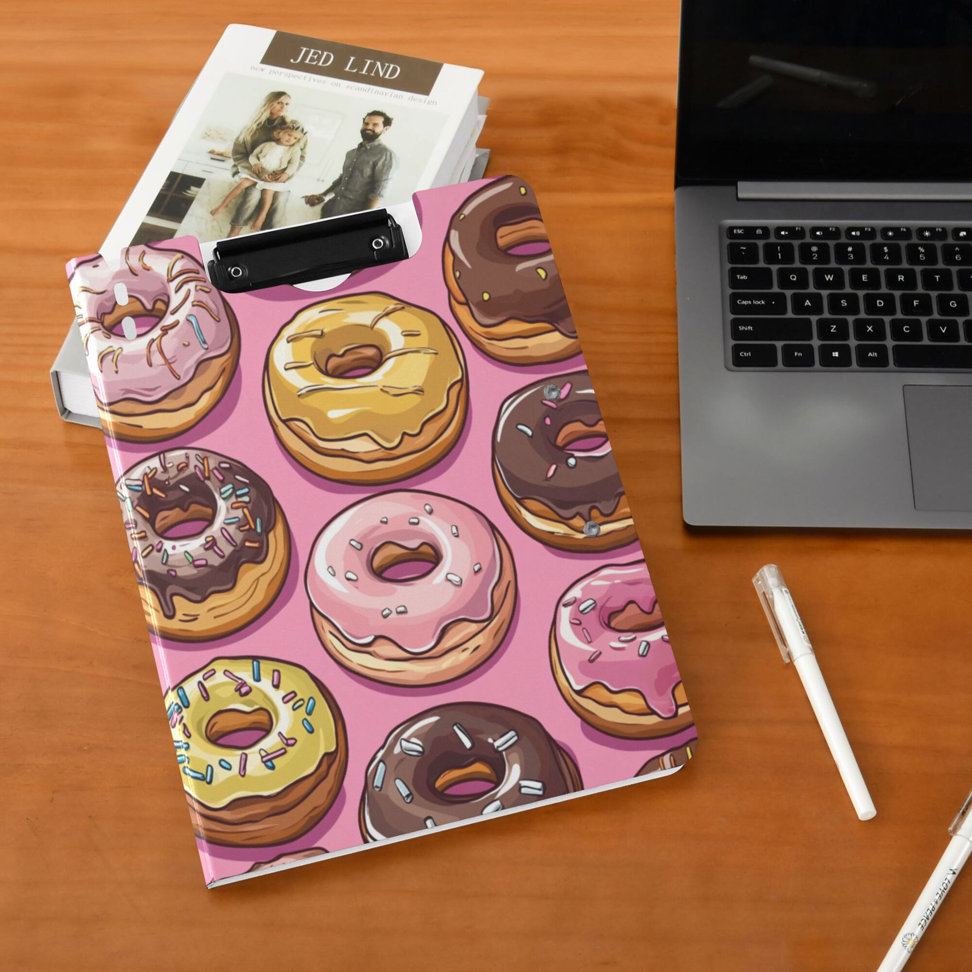 FORMRS A4 Clipboard Folder with Pen Holder Horizontal Foldable School Office Binder, Cute Doughnuts Pattern