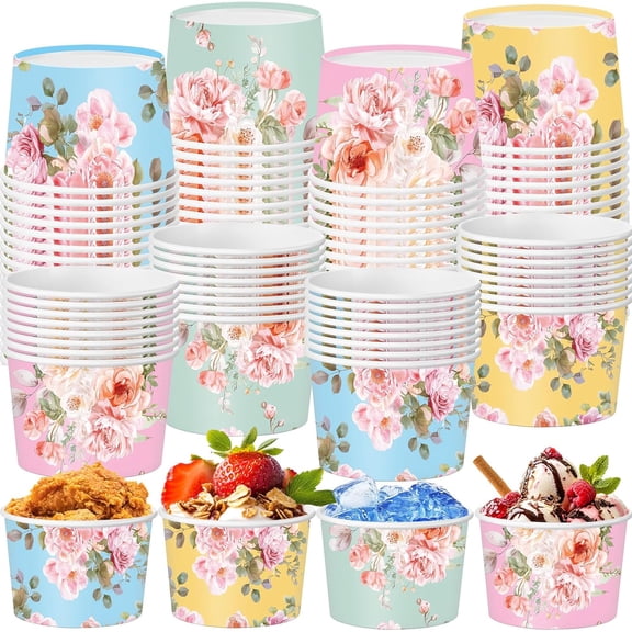 48 Pcs 9oz Spring Paper Bowls Treat Snack Cups Spring Ice Cream Dessert Bowl Flowers Treat Snack Cup for Hot or Cold Food Floral Patterns Party Favor Supplies
