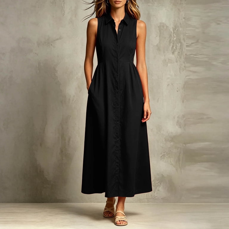 Puliio Tank Dresses for Women Summer Sleeveless Solid Color Collared Loose Maxi Casual Work Dress with Pockets
