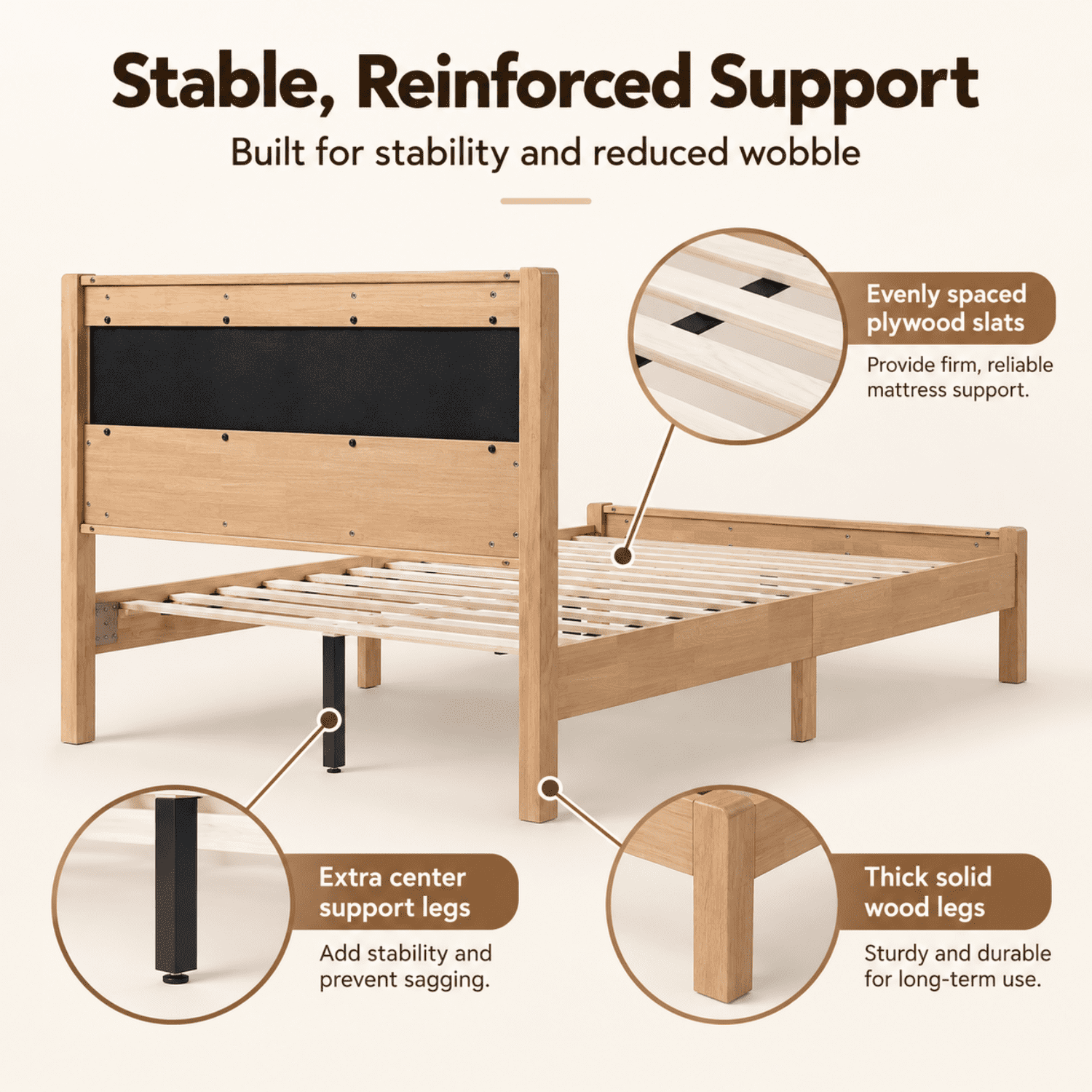 Miniyam Full Rubberwood Platform Bed Frame with Padded Upholstered Headboard, Natural