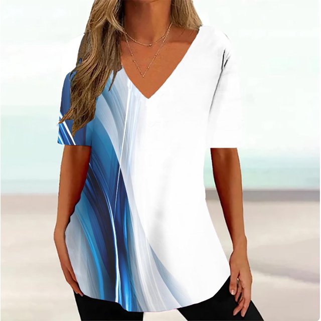 RWJDXD RWJDXD Ample et Confortable en Été, T-shirt Simple pour Femmes, T-shirt Courbe Ondulée 3d, Mode Col en V, Manches Courtes, Vêtements de Rue Décontractés pour Femmes