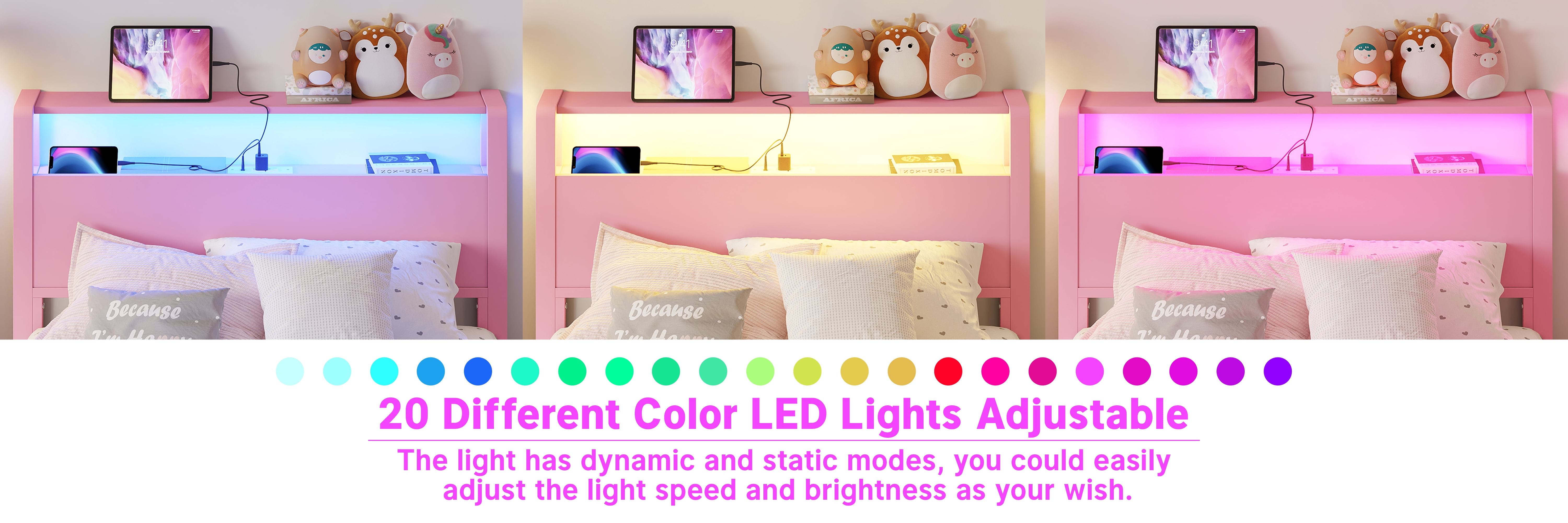 Mintazer Twin LED Light Metal Platform Bed Frame with 2-Tier Storage USB Port Charging Station Headboard for Kids Boys Girls, Pink