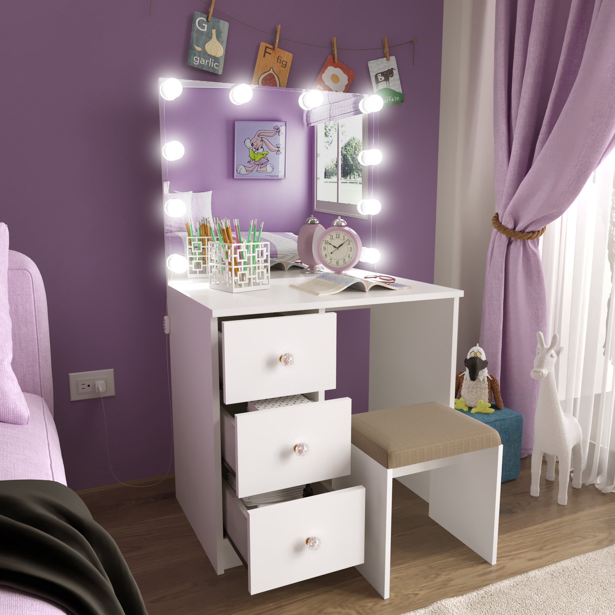 Ember Interiors Vanity Desk for Kids with Mirror,3 Drawers, Lights, Chair, Rose Gold Crystal Ball Knobs, White