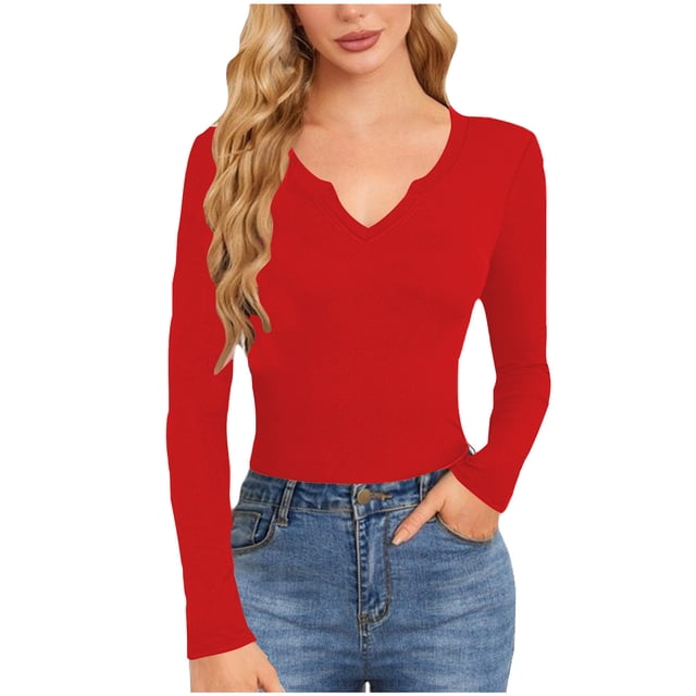 Timegard Going out Tops for Women Ribbed V Neck Long Sleeve Slim Tee Fall Casual Comfy Tops Blouse