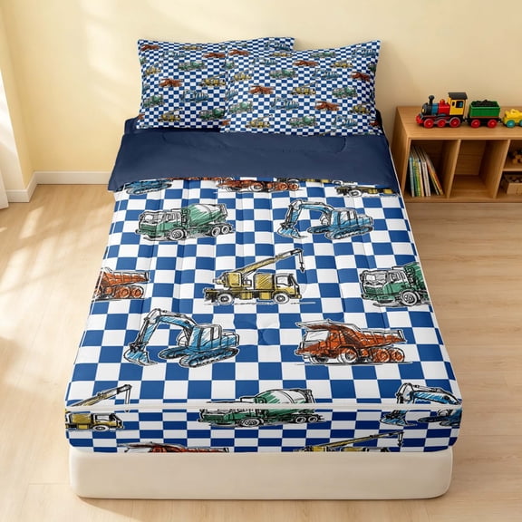 Erosebridal Vintage Truck Zipper Twin Comforter Sets with Fitted Sheet and 2 Pillowcases, Checkered Zipper Bedding Set, Blue Checkered, Navy Reversible