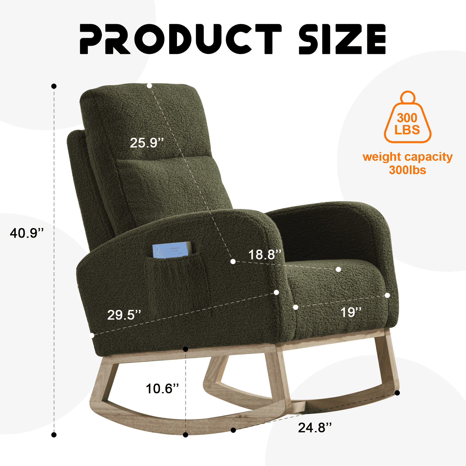 FFZ Modern Accent Rocking Chair Solid Wood Legs Upholstered Nursery Glider Armchair Side Pocket Green