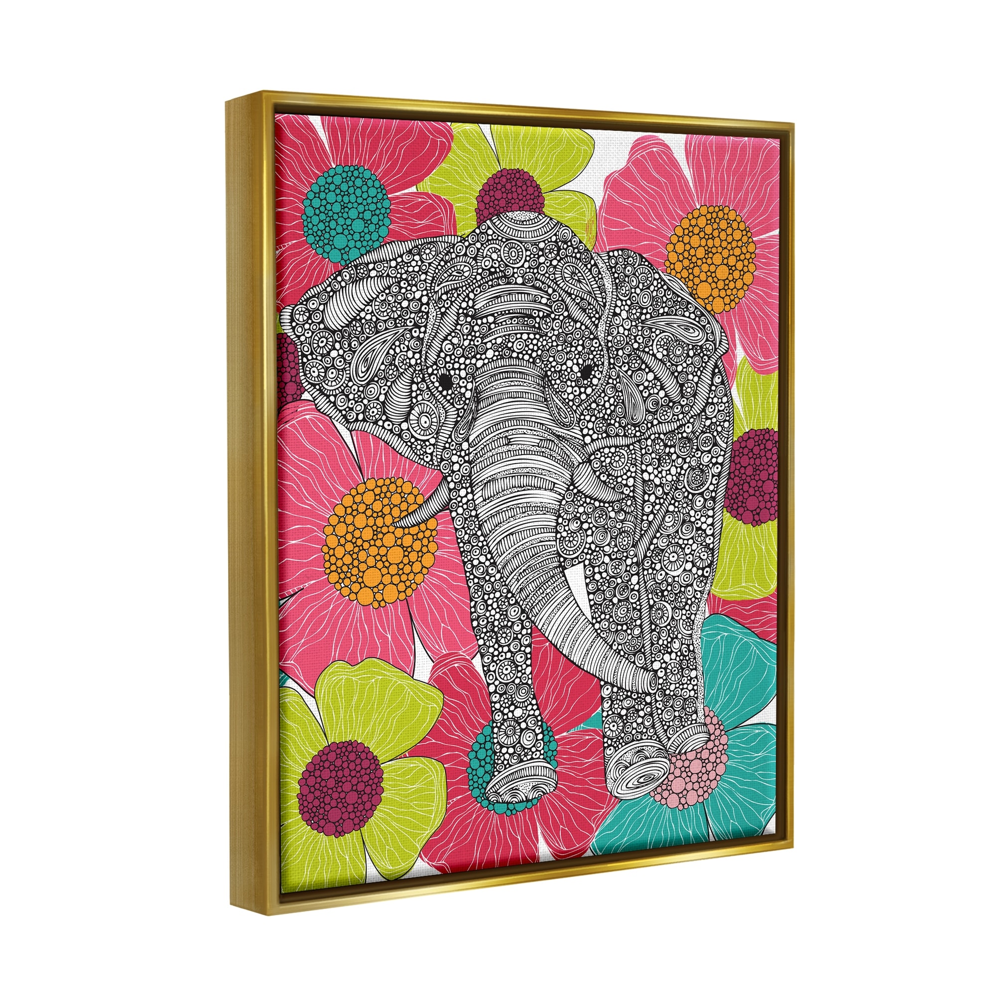Stupell Industries Bold Modern Elephant Flower Blossoms Intricate Patterns Graphic Art Metallic Gold Floating Framed Canvas Print Wall Art, Design by Valentina Harper