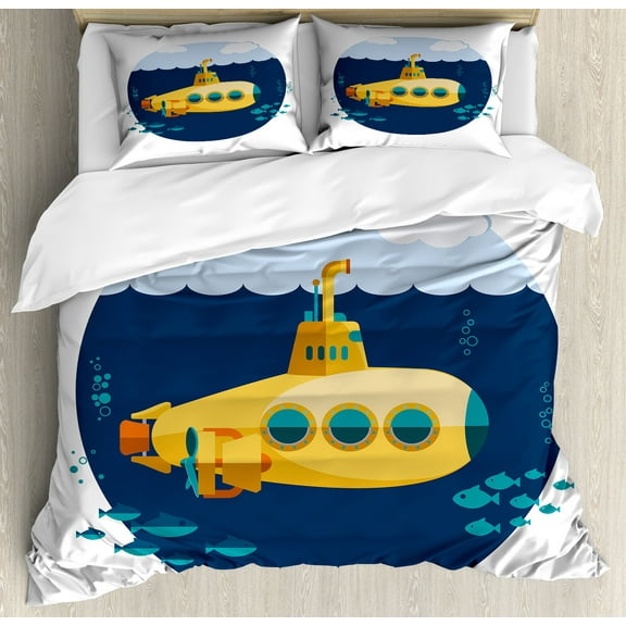 Yellow Submarine Duvet Cover Set, Illustration of a Submarine Under the Sea Fish and Clouds, Decorative 3 Piece Bedding Set with 2 Pillow Shams, King Size, Earth Yellow Navy Blue, by Ambesonne