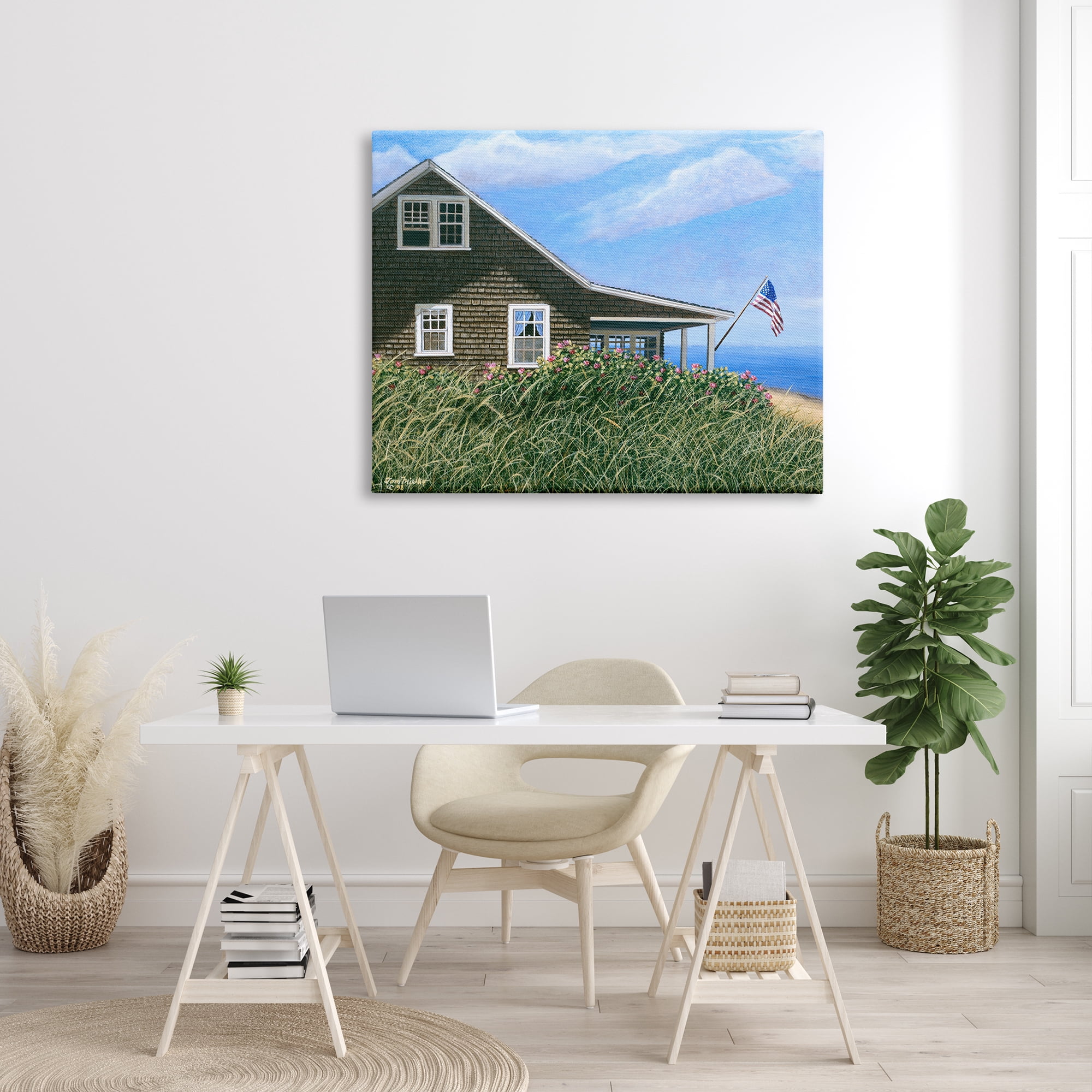 Stupell Industries Seaside House American Flag Peaceful Coastal Home Painting Gallery Wrapped Canvas Print Wall Art, Design by Tom Mielko