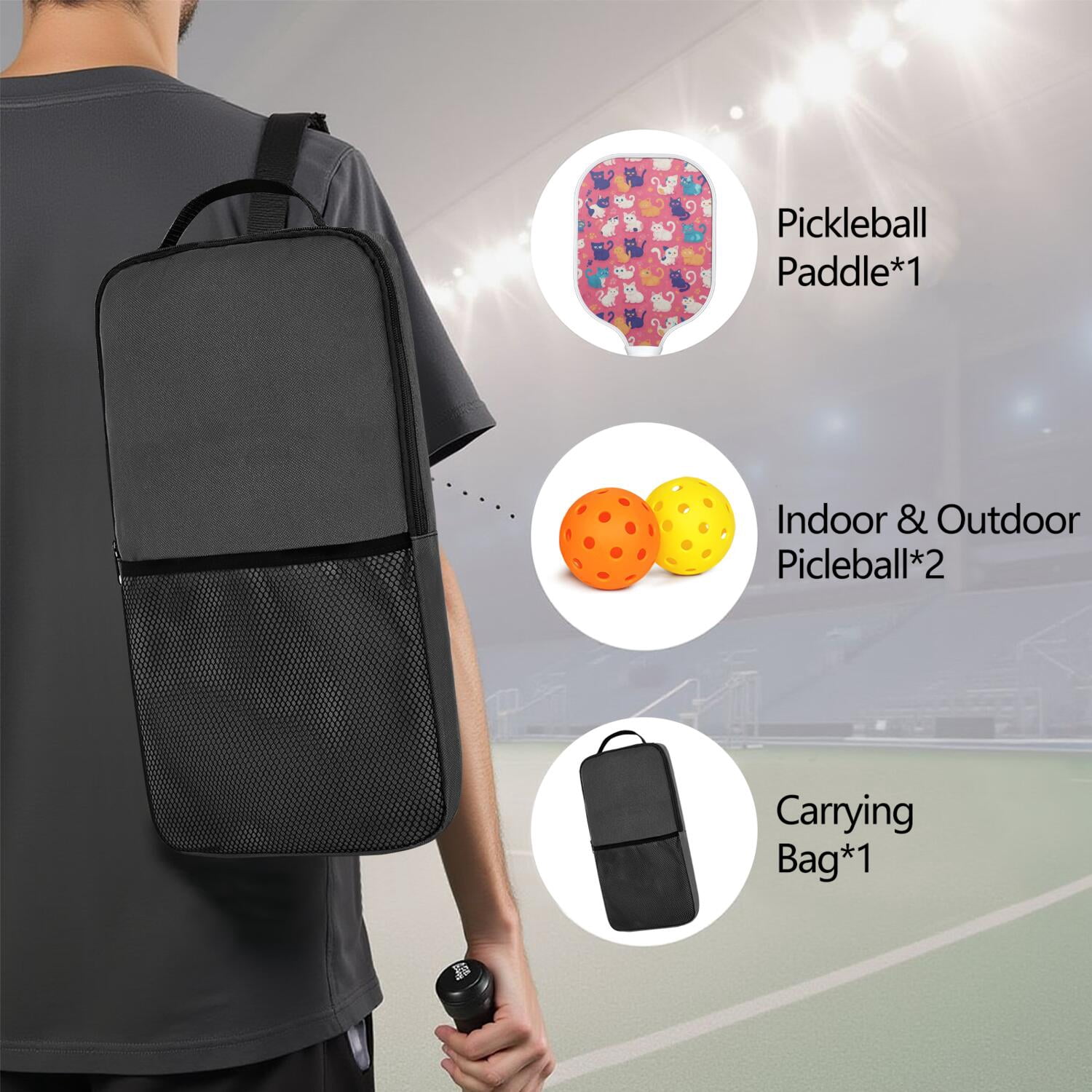 Pickleball Paddles Set Of 1, Fiberglass Surface, Cats & Dogs Print, 1 Paddle, 2 Balls & Bag