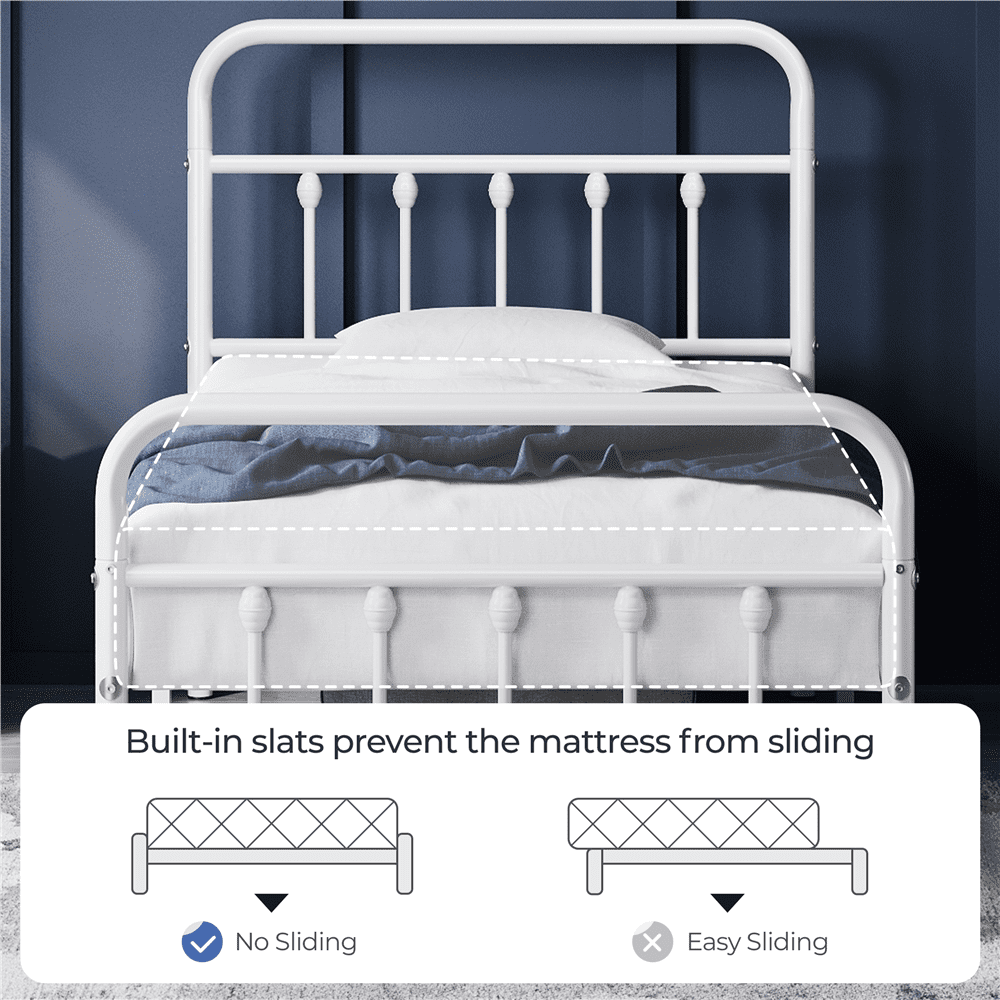Fullfurnique Lit de plateforme métallique avec tête et pied de lit hauts pour adultes, Twin, Blanc