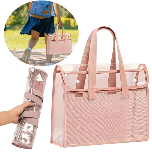 Plastic File Folder, Expanding File Folder with Handle, Large Clear Tote Bag with Built-In Mesh Bag, Clear Lunch Bags for Book Stationery, Thick Waterproof PVC Cover, Reticular Septum, Bendable, Pink