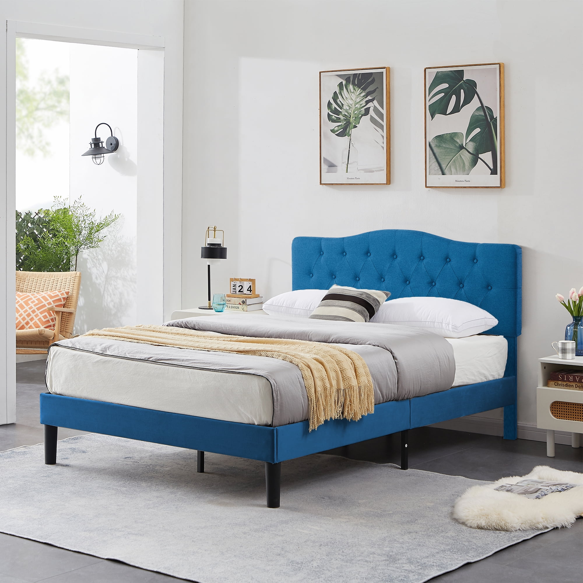 VECELO Upholstered Platform Bed with Adjustable Headboard，Queen Size，Blue