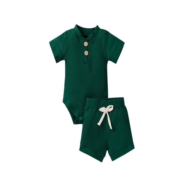 xiaxaixu 2Pcs Unisex Baby Summer Outfits, Ribbed Romper + Elastic Waist Shorts