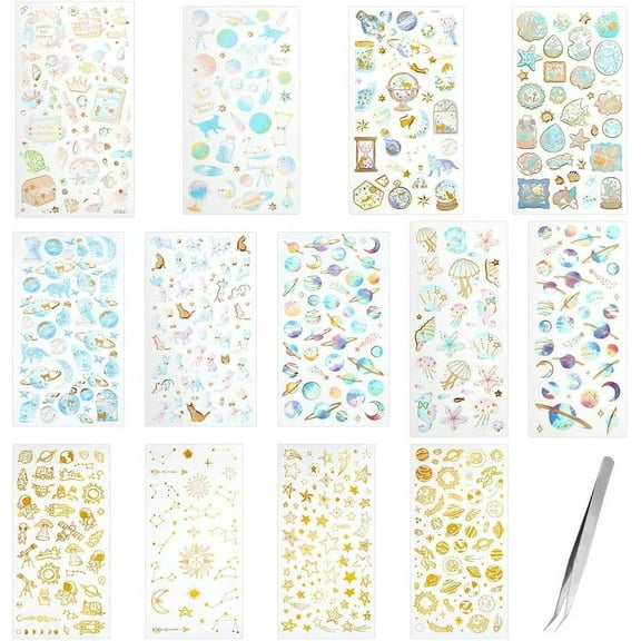 13 Sheets 3D Resin Stickers Space Stickers Colorful Planet Star Cat Starfish Decals Self-Adhesive Resin Stickers with Tweezers for Calendar Scrapbook Journal Planner Phone Decor Resin Crafts DIY