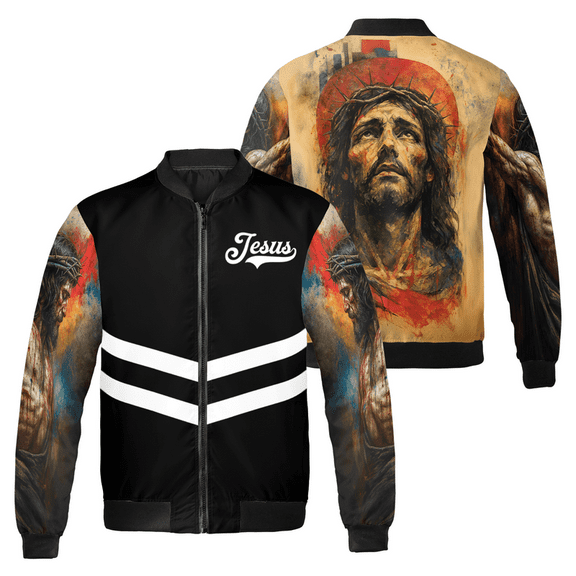 Jesus Crown of Thorns Bomber Jacket – Artistic Christian Faith Apparel for Men and Women – Crucifixion Painting Design