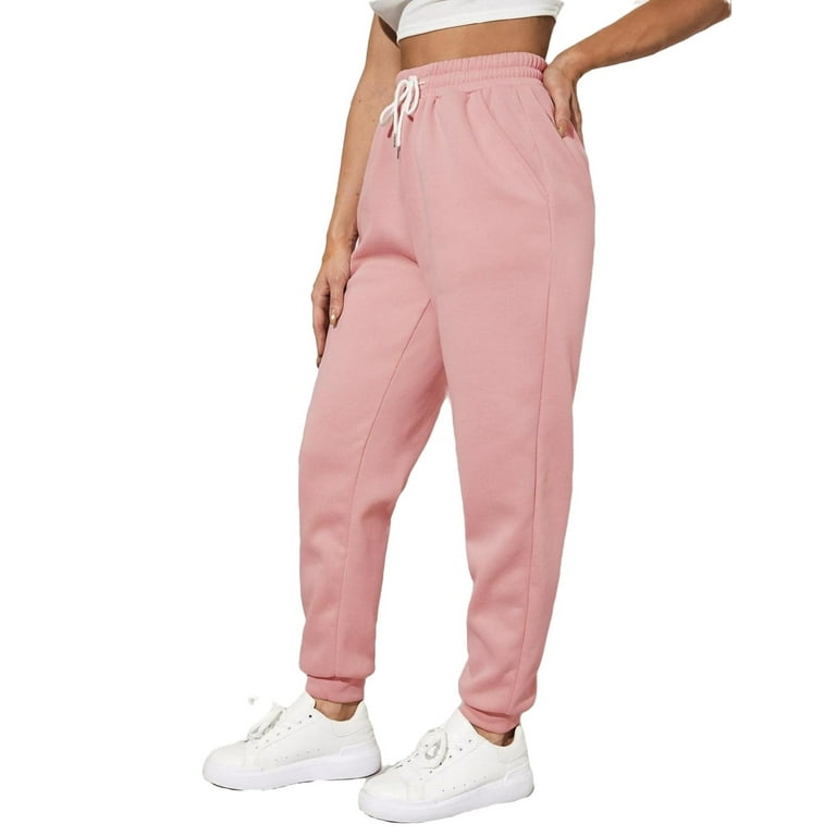 Womens Drawstring Waist Sweatpants Plain Long Regular Fit Baby Pink XS