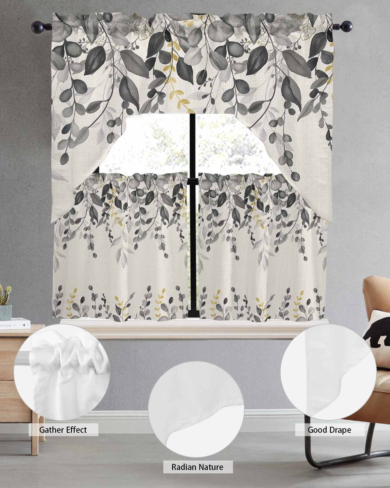 Grey Eucalyptus Kitchen Curtains Sets for Windows 3 Piece, Farmhouse Weeping Leaves on Linen Kitchen Curtains and Valances Tier Set 36 Inch Length Swag Curtain for Living Room Cafe Bathroom Bedroom