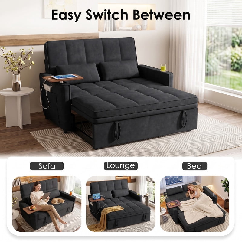 Anpport 3‑in‑1 Convertible Sleeper Sofa Bed, Pull‑Out Sofa with Side Desk, USB Ports, Cup Holders, Storage Armrests & Adjustable Backrest for Living Room Apartment, Black