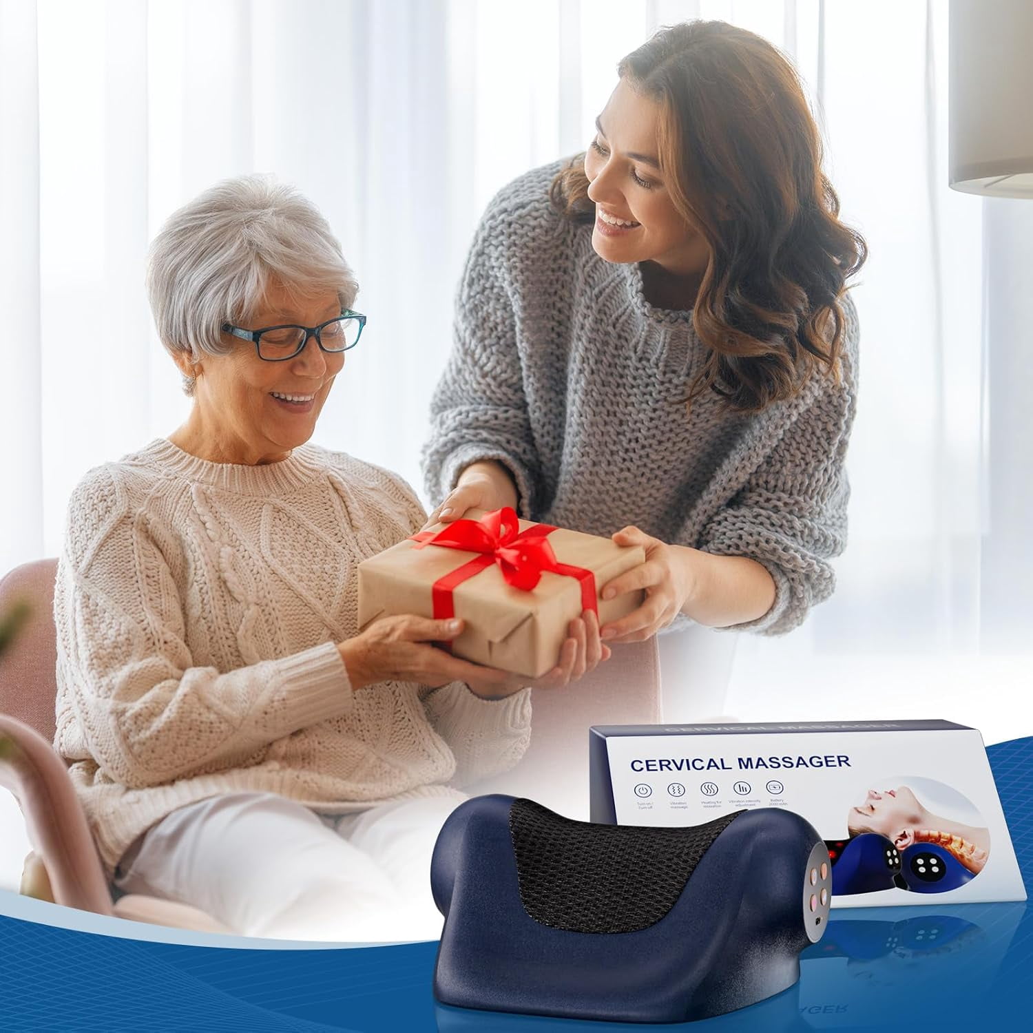 Neck Massager with Heat, 3-in-1 Electric Cervical Massager for Pain Relief & Hot Compress, Ergonomic Neck and Shoulder Relaxer Stretcher - Ideal Gift for Office Workers, Athletes & Everyone, Blue