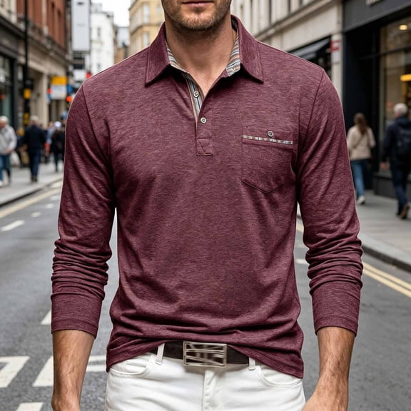 Yusimy Mens Solid Color Long Sleeve Shirts Casual Classic Button Collar Golf Shirt with Pocket Breathable Fall Clothing