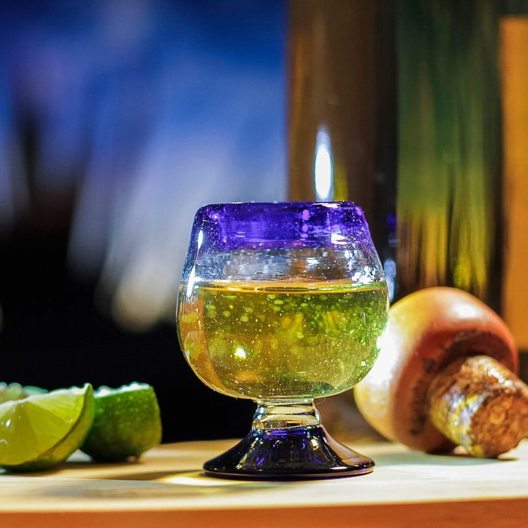 Hand Blown Mexican Tequila Shot Glasses Set Of 6 - Cobalt Blue Rim, 2oz, Made From Recycled Glass