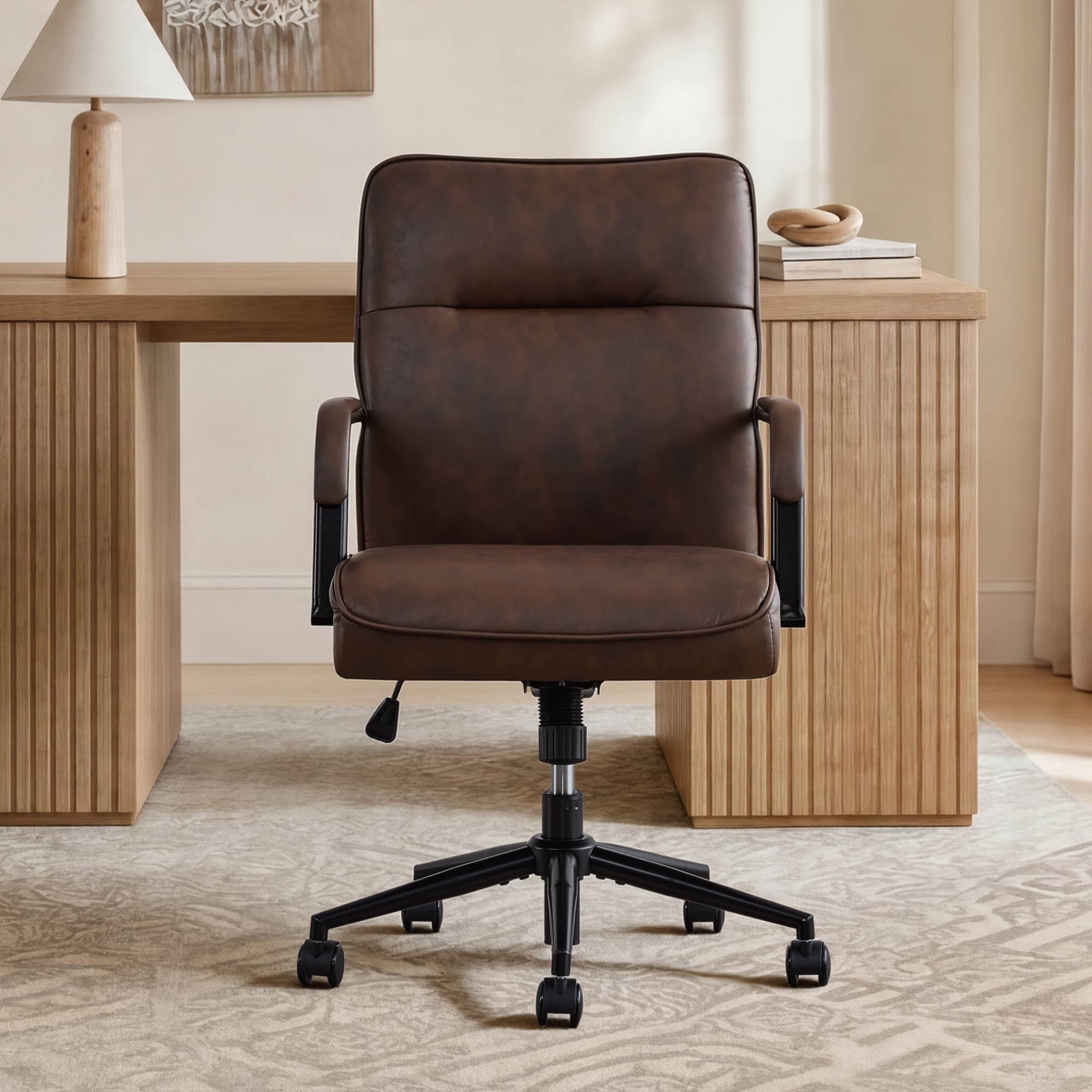 Spruce & Spring Upholstered Swivel Office Chair with Ergonomic High Back, Metal Frame & Upholstered Arms, Espresso Faux Leather