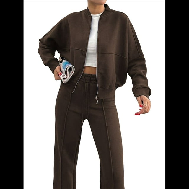 Conjuntos de Salón para Mujer, Conjunto Deportivo de 2 Piezas, Sudadera, Pantalón Deportivo de Pierna , Conjunto Deportivo A Juego Café L