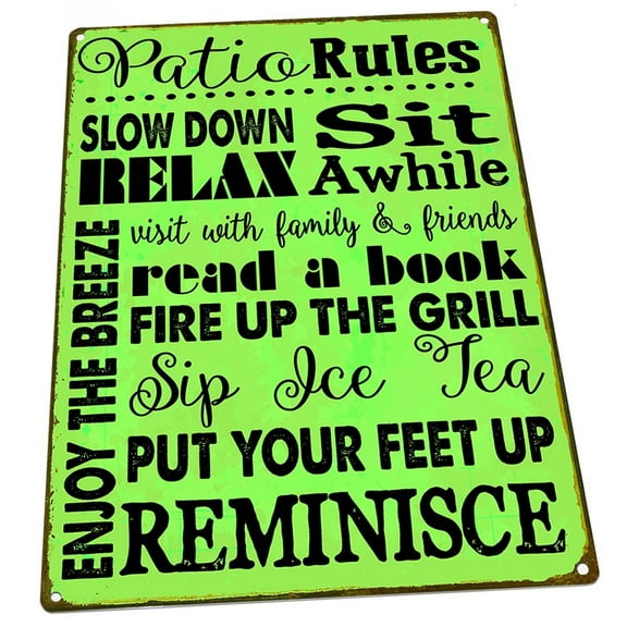 Green Patio Rules 9"x12" Metal Sign, Wall Decor for Porch, Patio, or Deck