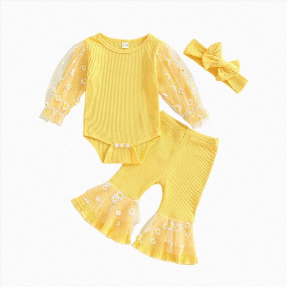 TOWED22 Baby Girl Clothes Print Long Sleeve Romper Shirt Flare Pants Cute 3PC Fall Winter Outfits Headband,6-9 M