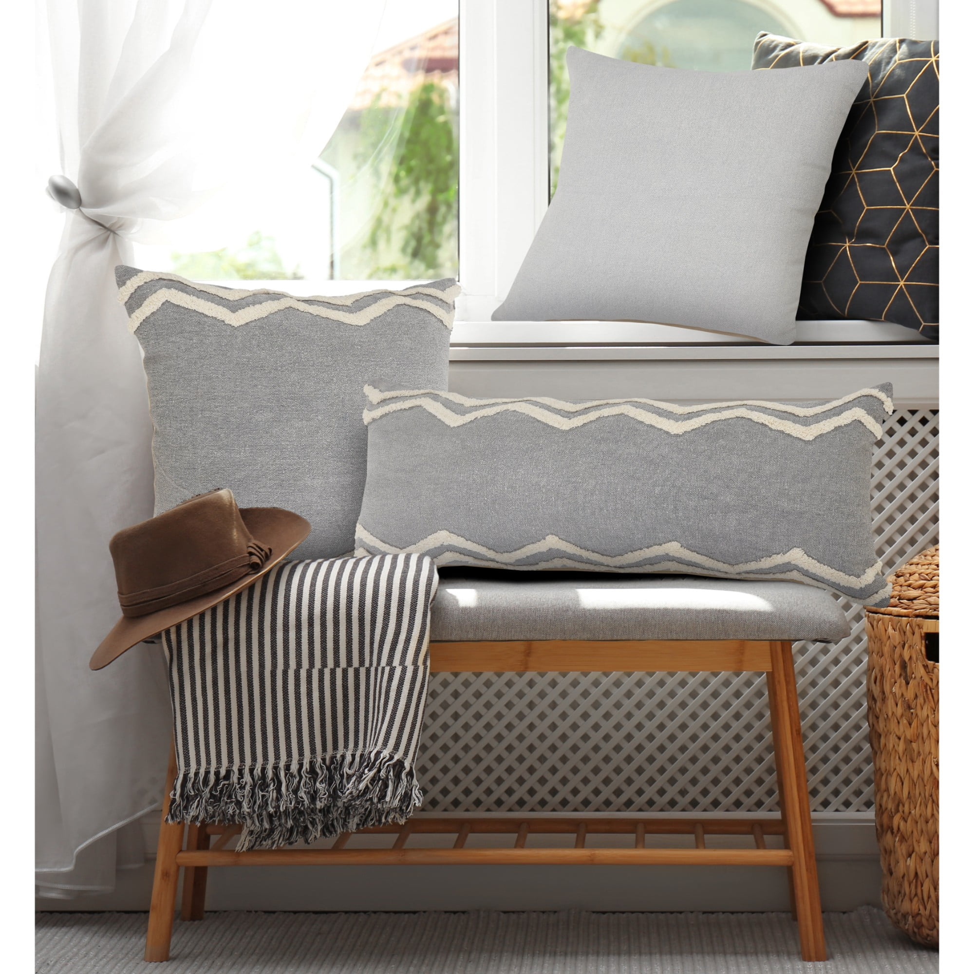 Laddha Home Designs Loomed Tufted Chevron Cotton Lumbar Pillow Cover - 36" - Gray and Cream