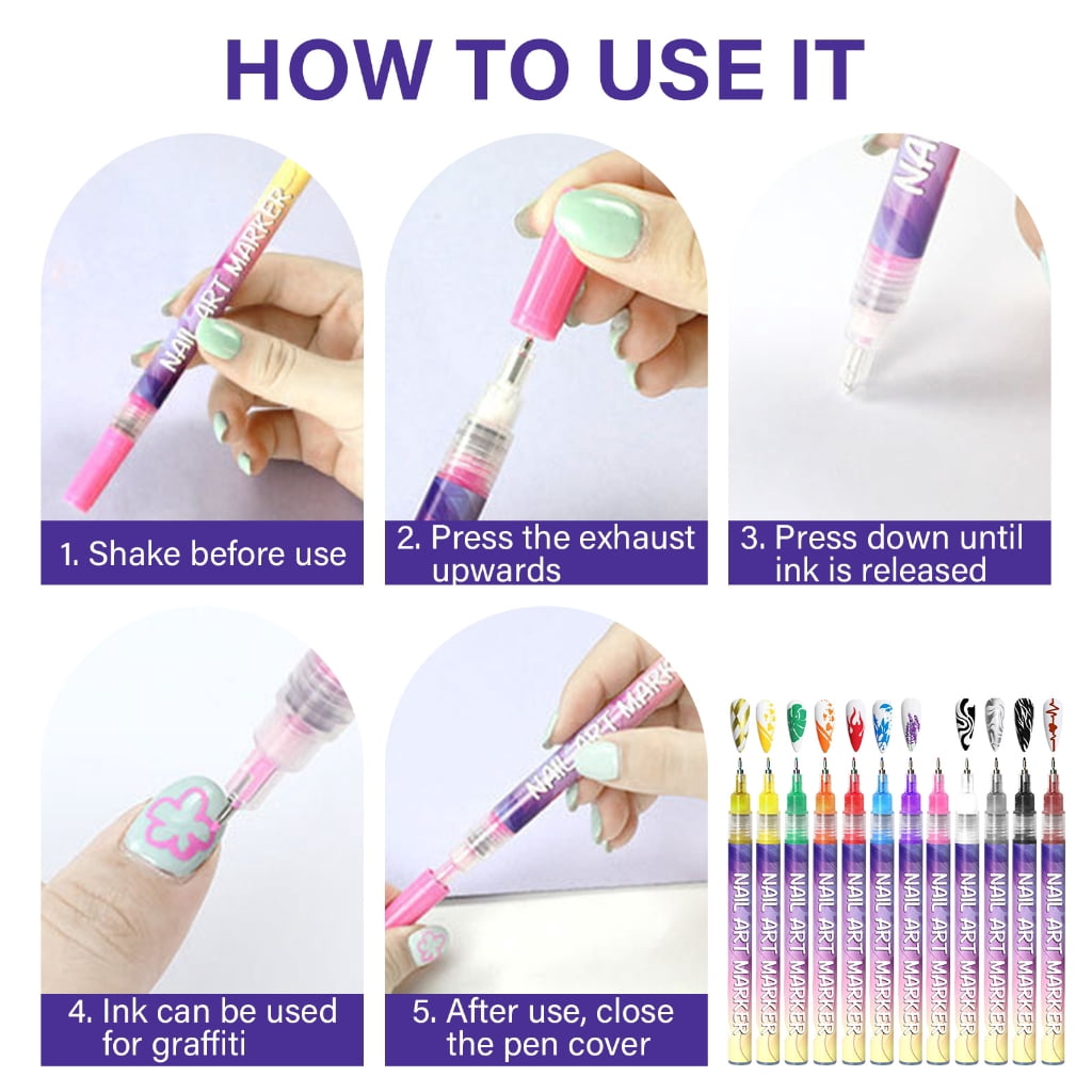 12 Colors Nail Art Pens Nail Polishing Pens Set Waterproof Nail Varnish Pens Quick