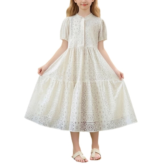 Makaor Formal Dresses for Kids Girls A Line Dress Lace Sleeveless Wedding Guest Dresses Empire Waist Midi Birthday Party Dresses