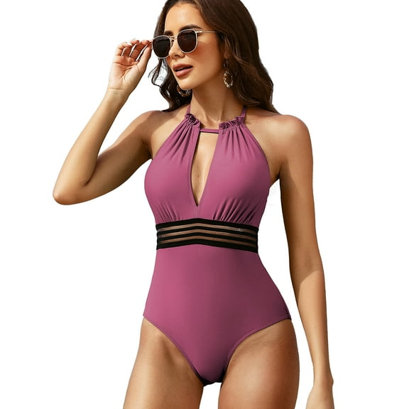 Attraco Women Tummy Control One Piece Swimsuits Ruched Bathing Suits Strappy Monokini Halter Swimming Suit