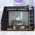 thumbnail image 3 of Mirightone Wood Queen over Queen Bunk Bed with Gaming Desk and Storage Shelves, Gaming Bunk Bed with LED Light & Charging for Gamer - Black+Gray, 3 of 7