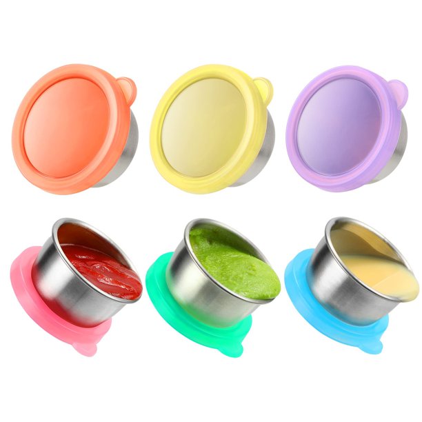 Recipiente para salsa de ensalada, 6 recipientes para salsa reutilizables de acero inoxidable de 50 ml, recipiente para aderezo con tapas a prueba de fugas, recipiente para salsa para comida de silicona para llevar oso de fresa Electrónica