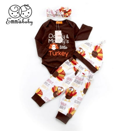 

Thanksgiving Outfit Newborn Baby Boy Girl Letter Print Romper Turkey Leggings Pants Hat Headband 4Pcs Clothes Set