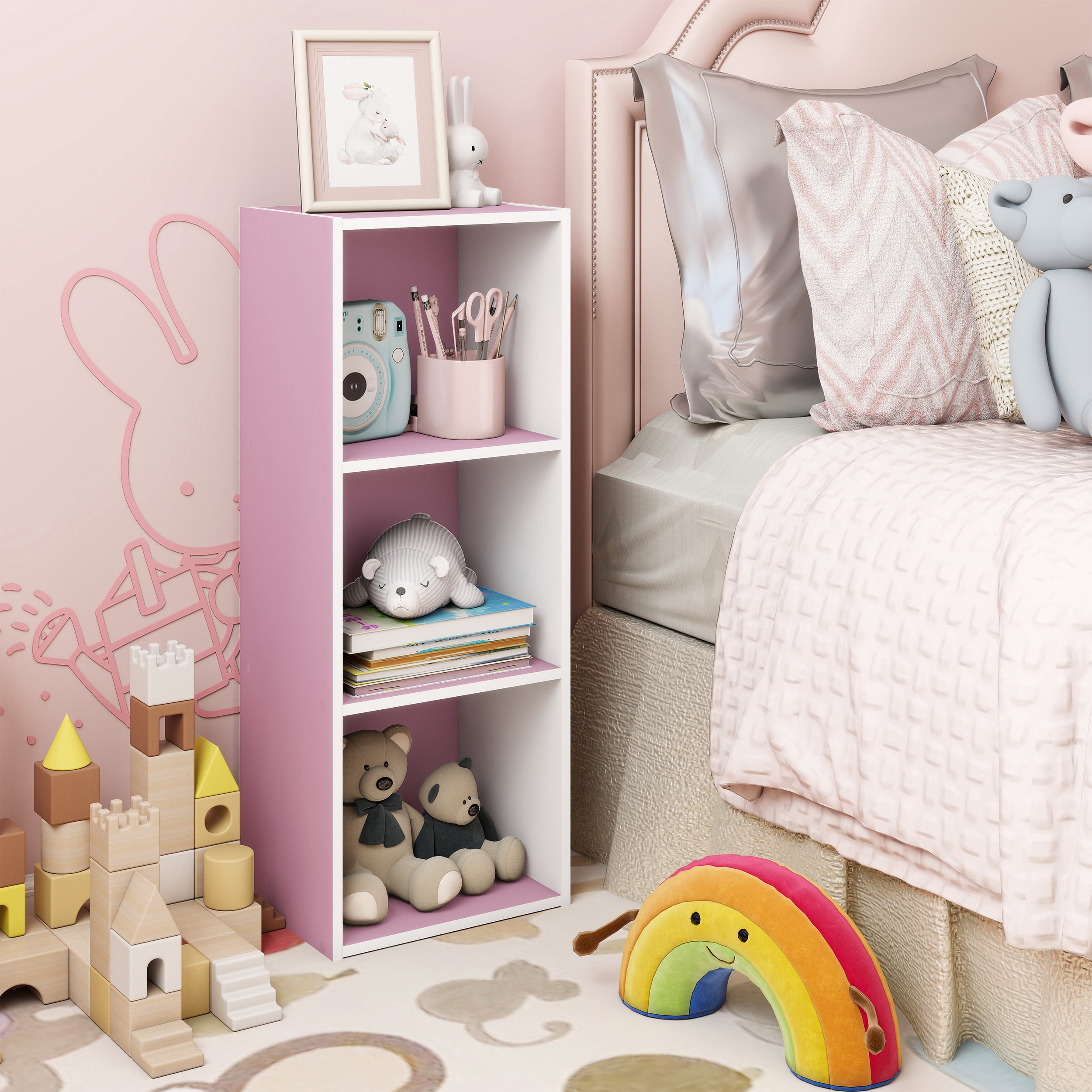 HOMLUX Luder 3-Tier Cube 31.5" Bookcase, Wood Storage Shelf, Small Bookshelf for Home Office & Bedroom, White & Pink