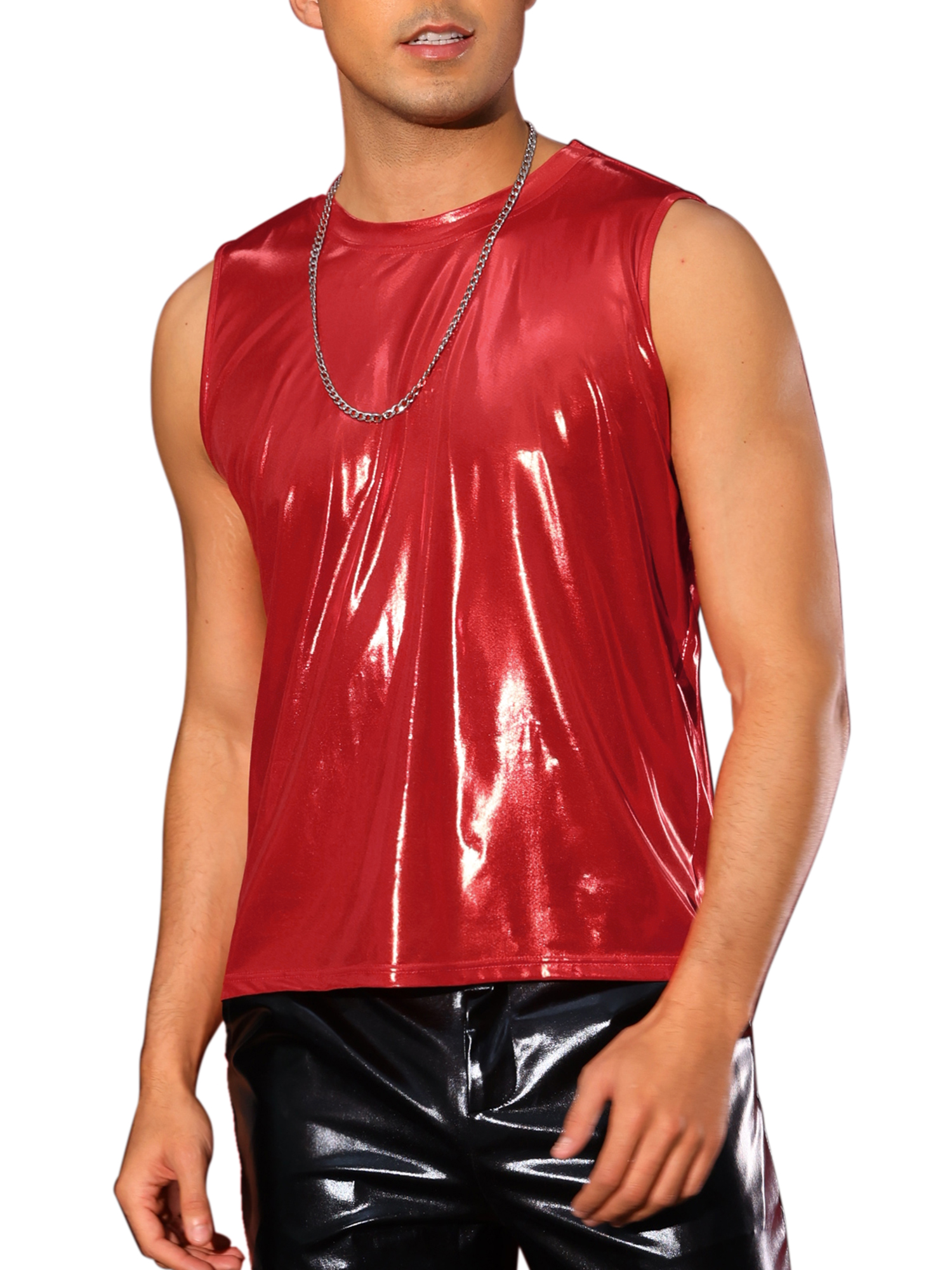 INSPIRE CHIC Metallic Tank Tops for Men's Holographic Sleeveless T-Shirt Disco Party Shiny Vest XL Red