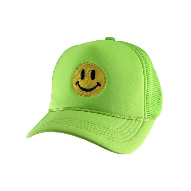 Gravity Threads Smile Face Embroidery Adjustable Trucker Hat - Smile - Neon Green