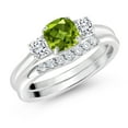 thumbnail image 2 of 10K White Gold Green Peridot White Moissanite and Lab Grown Diamond 3 Stone Bridal Engagement Wedding Ring Set for Women (0.94 Cttw, 5MM and 3MM Cushion Cut, Available in Size 5, 6, 7, 8, 9), 2 of 6