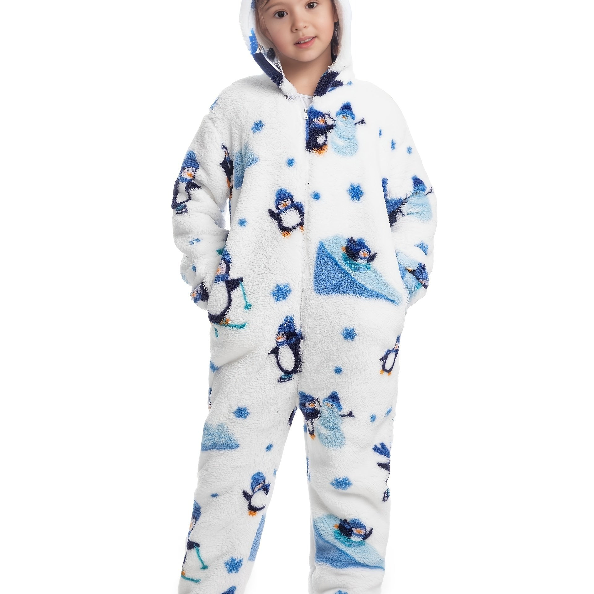 Jhcug Unisex Kids Penguin Print One Piece Pajamas Hooded Fleece Lounge Wear Home Wear House Wear For Winter Snow Weather Kids Clothes White