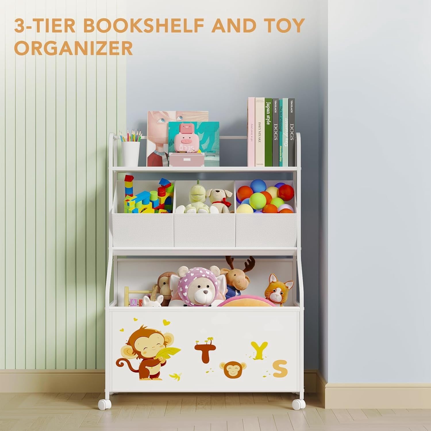 Toy Storage Organizer with Wheels - 3-Tier Kids Large Toy Box, Toy Chest Storage for Boys Girls Toddlers, Kids Bookshelf with 3 Fabric Toy Boxes for Playroom, White