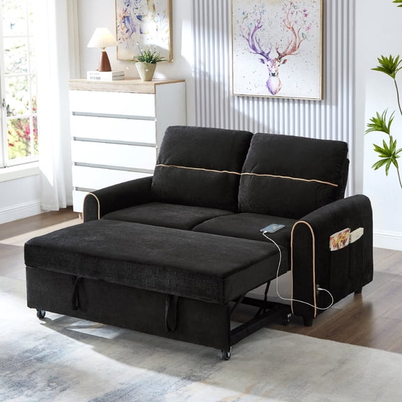 3 in 1 Pull Out Sleeper Sofa Bed with USB Charging Station and 4 Side Pockets, 58" Chenille Convertible Loveseat Sleeper Couch with Adjustable 3 -Position Backrest for Living Room, Apartment, Black