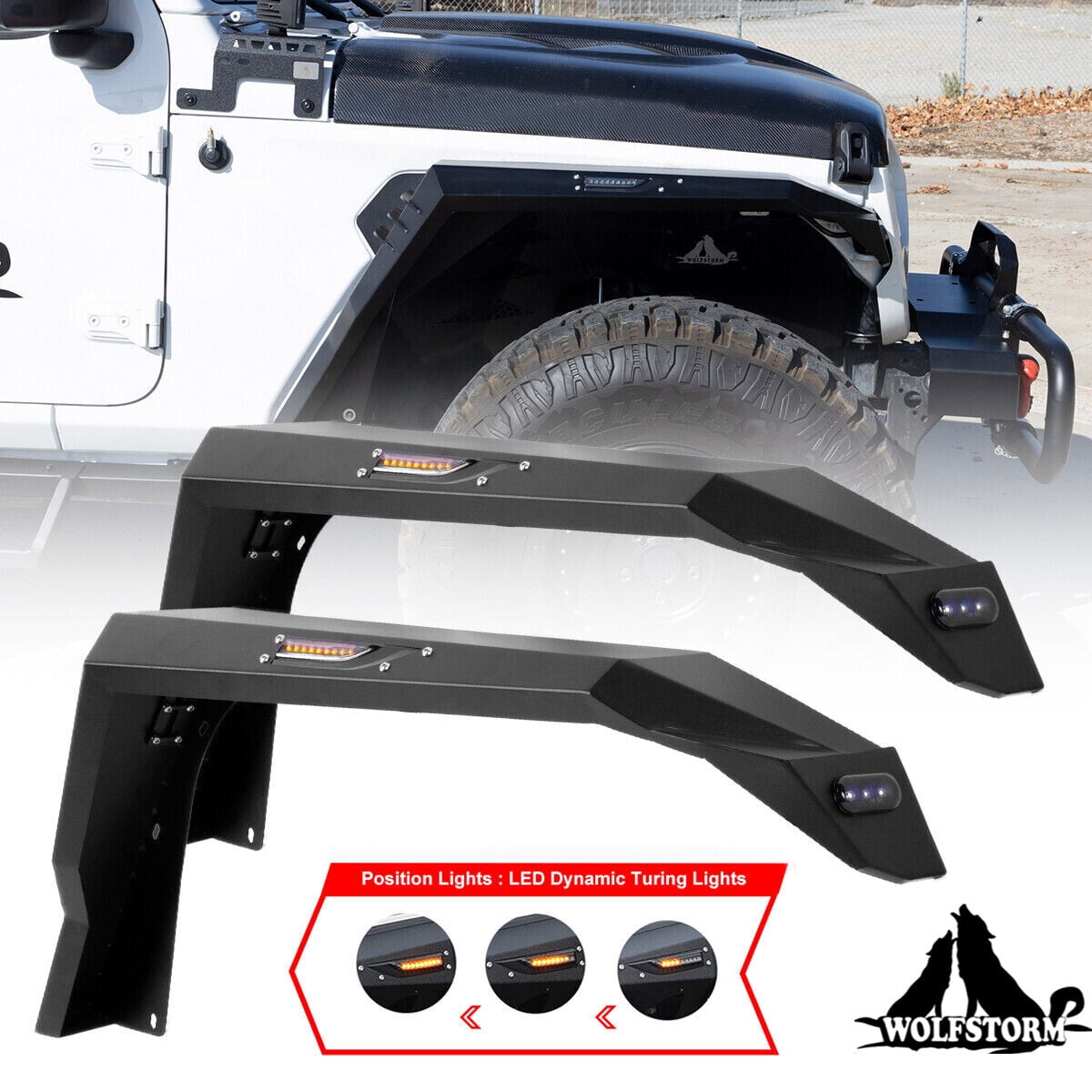 WOLFSTORM Front Fender Flares for 2018-2022 Jeep Wrangler JL JLU Powder  Coated Steel Equipped With LED Sequential Turn Signal Lights And LED Side  Marker Lights 